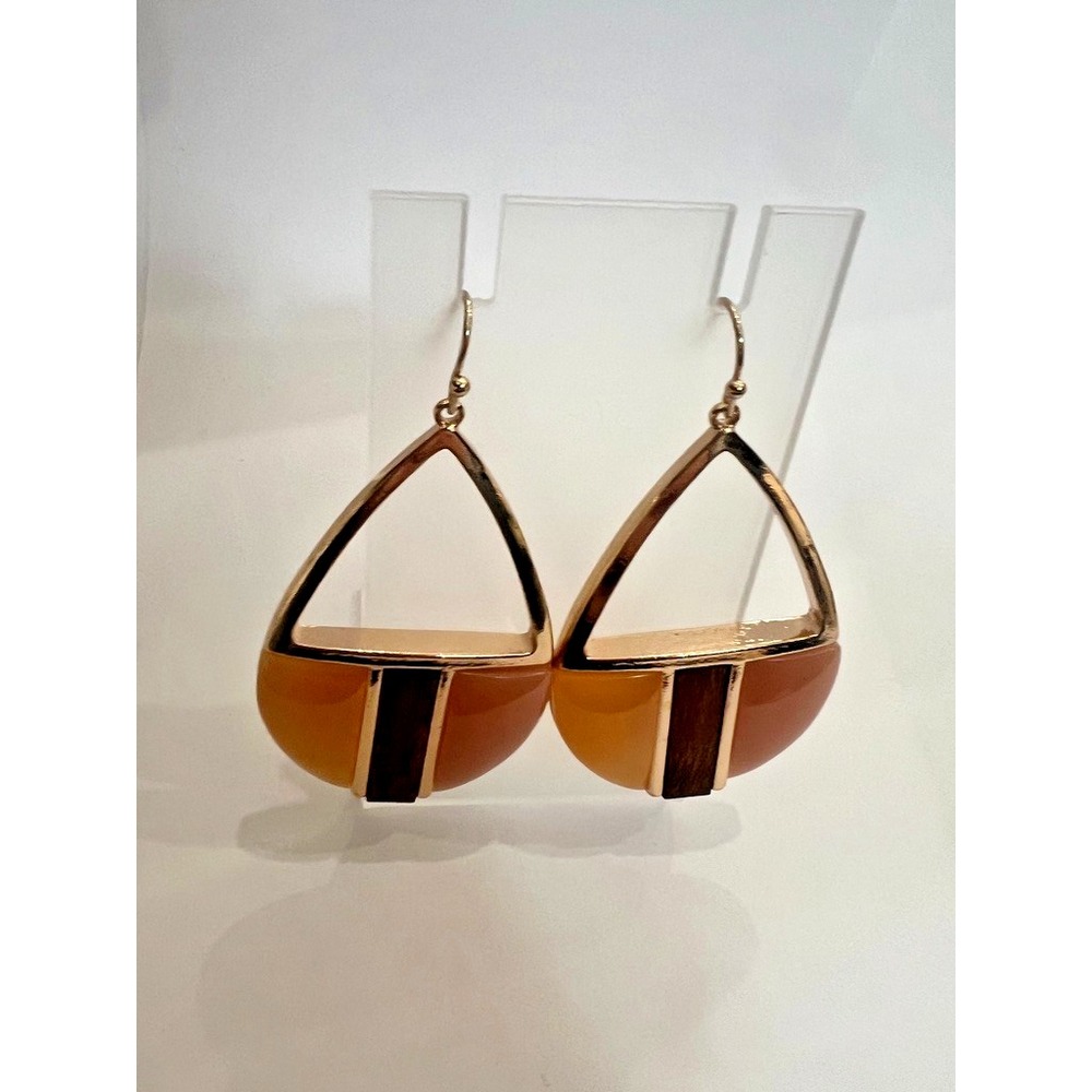 Uncas Int Gold Blush‎ Wine Dangle Earrings Resin Wood Earth Tones Vendor Sample
